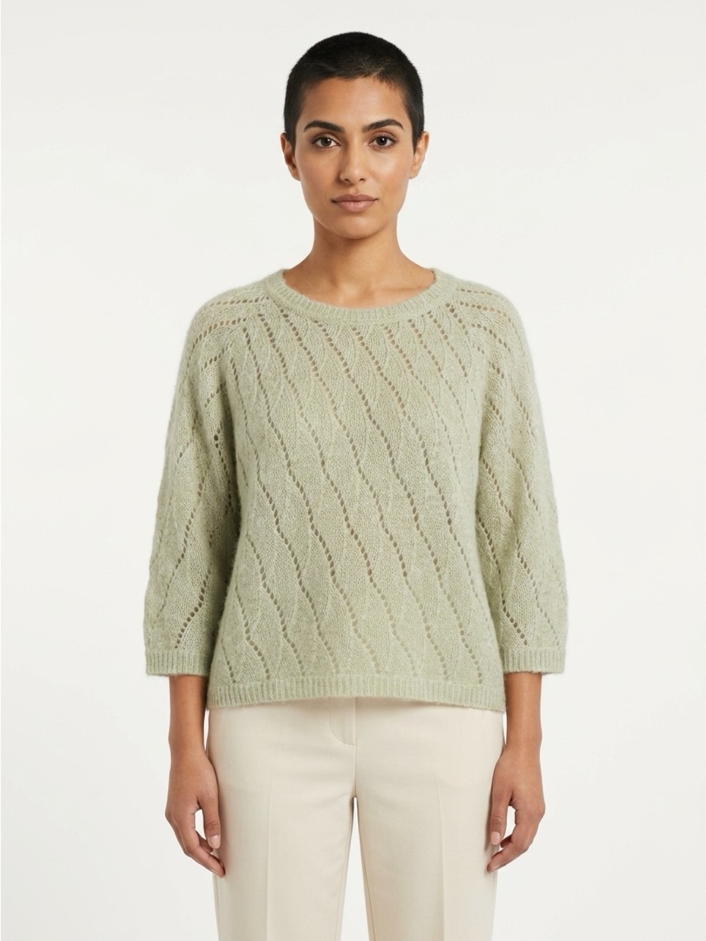 Wrap London Pointelle Crewneck Sweater Alpaca Blend Sage Green 12